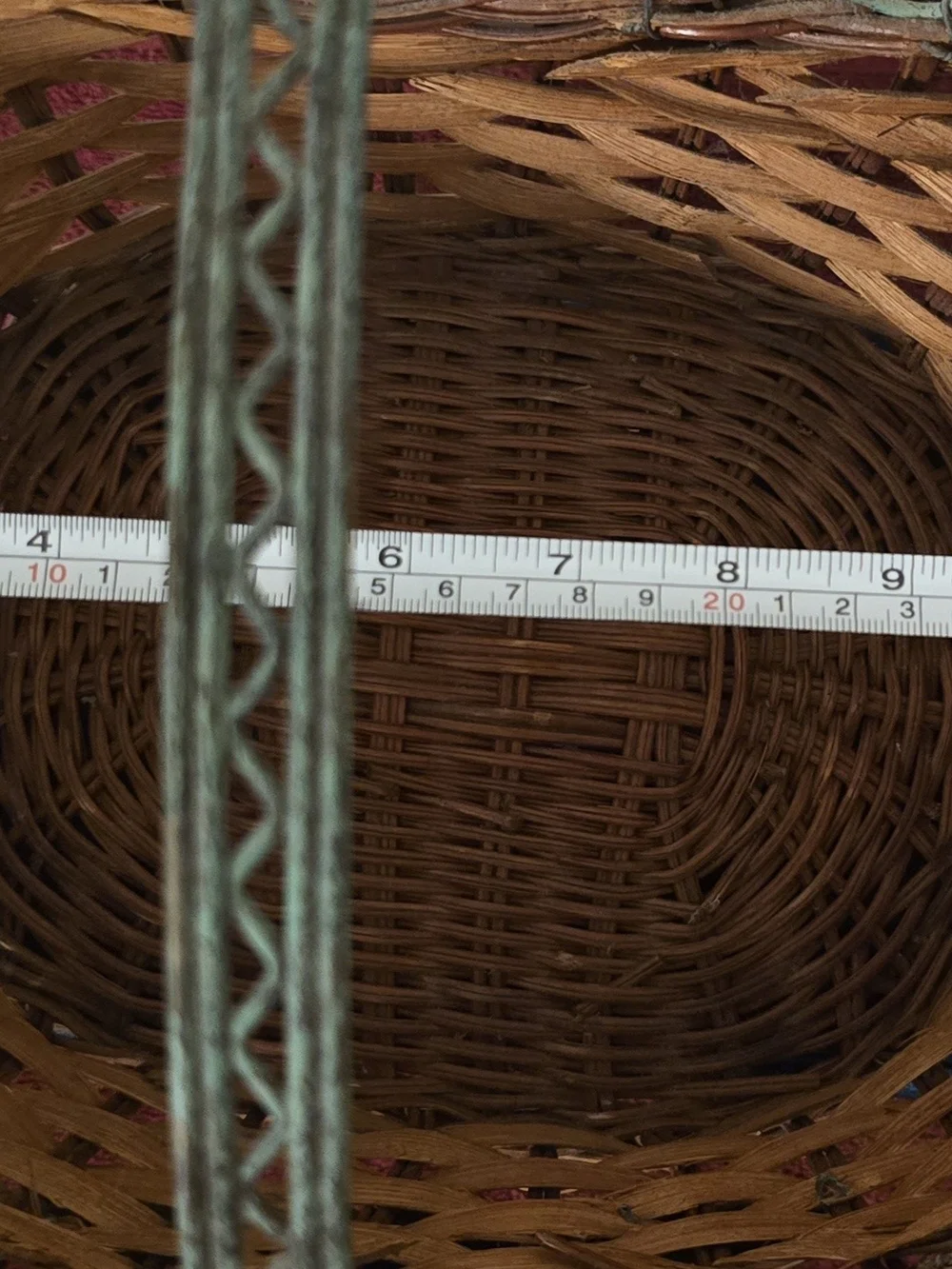 Vintage Farmhouse Wicker Basket with Green Metal Handle & Sunflower Accents